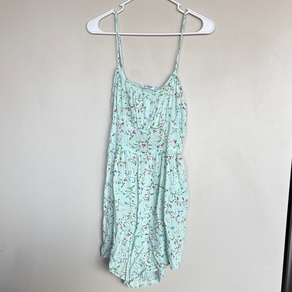 Cisono Floral Mini Dress Green Pink Cottagecore Summer Dress Size L